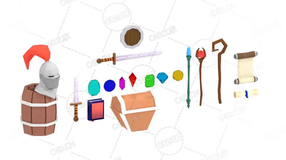 13个低面多边形游戏道具模型合集包RPG Asset Pack(宝箱动画木桶酒桶书籍匕首宝剑宝石钻石法仗骑士头盔地图圣纸卷纸卷轴盾魔仗宝剑拐杖) - C4D之家 - Preview.jpg