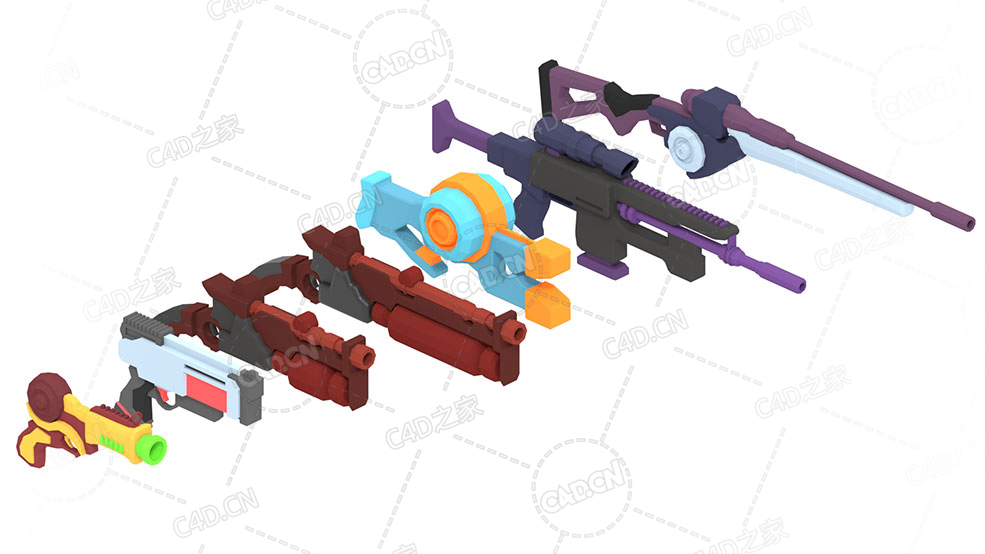 7把科幻低面多边形游戏枪械武器模型包Sci-Fi Gun Pack(闪电枪长手枪长枪手枪射线枪步枪狙击步枪)