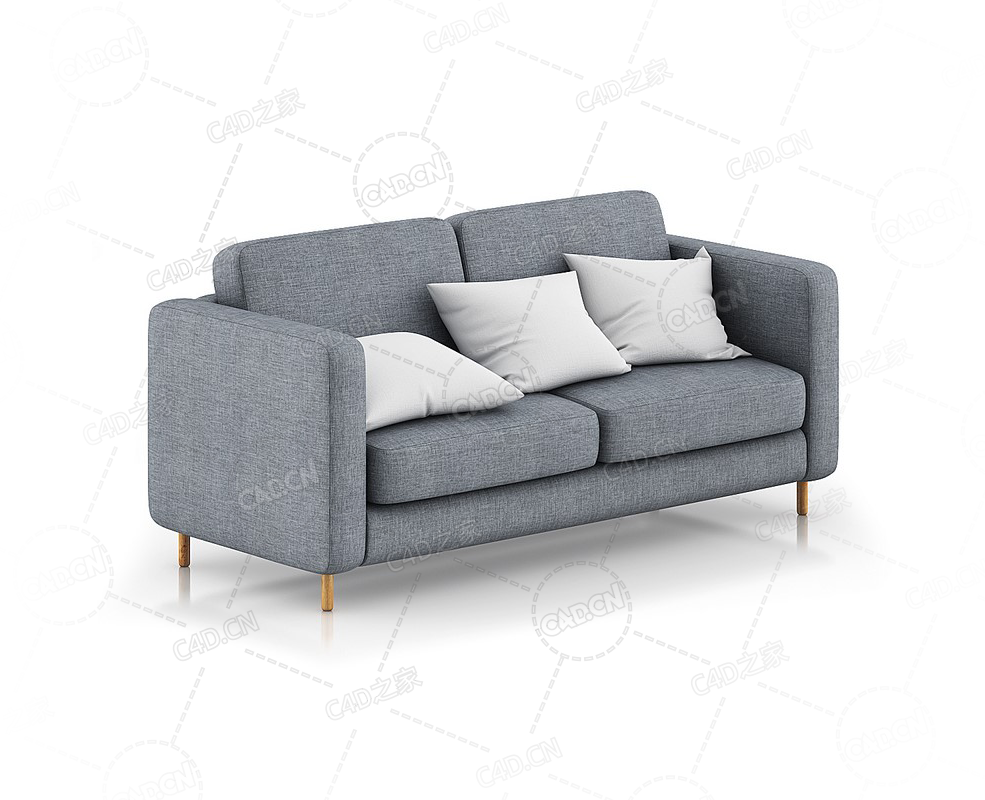 带靠枕的双人灰色沙发客厅沙发布艺沙发现代家具C4D模型Grey Sofa with Pillows 1 - C4D之家 - 02.png