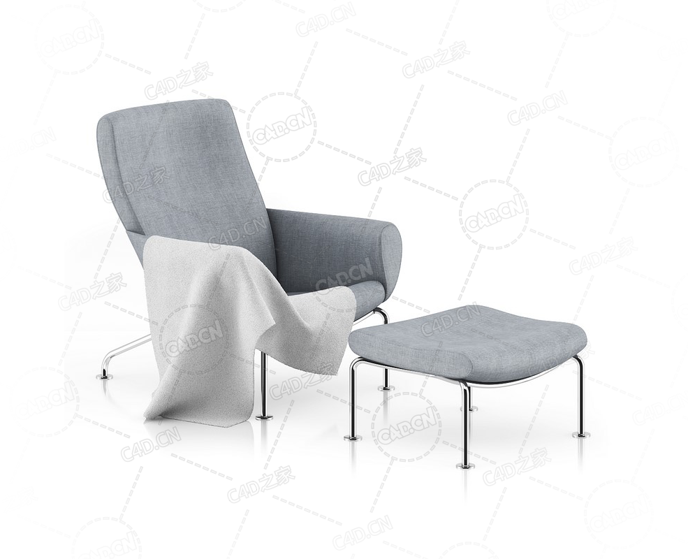 带搁脚板的灰色躺椅布艺椅休闲椅C4D模型Grey Lounge Chair with Footrest - C4D之家 - 06.png
