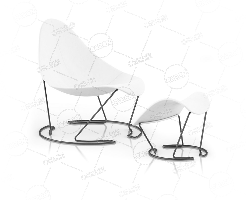 现代椅子带搁脚板的白色躺椅铁艺塑料椅子艺术椅C4D模型White Lounge Chair with Footr - C4D之家 - 07.png