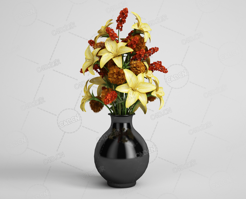 黄色百合花瓶插花瓶装饰花卉模型下载 - C4D之家 - 07.png