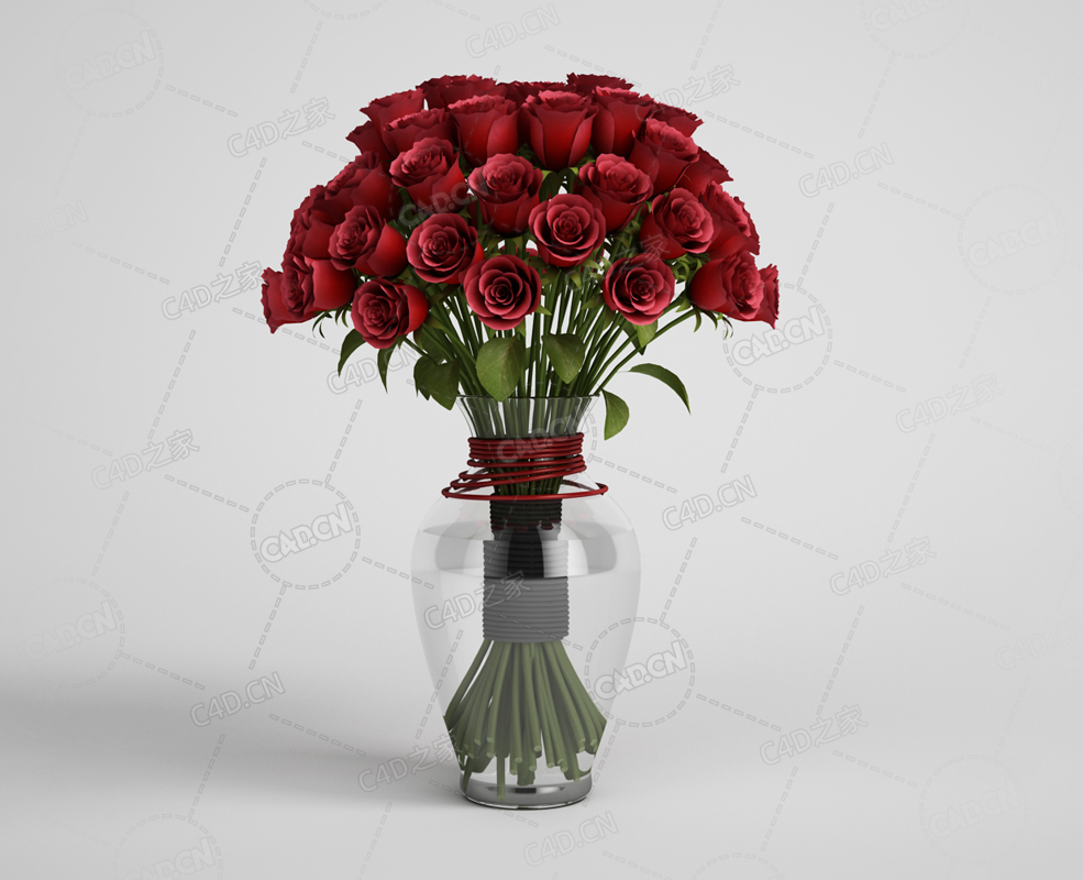 红色玫瑰花插花玻璃瓶新鲜花卉模型下载 - C4D之家 - 11.png