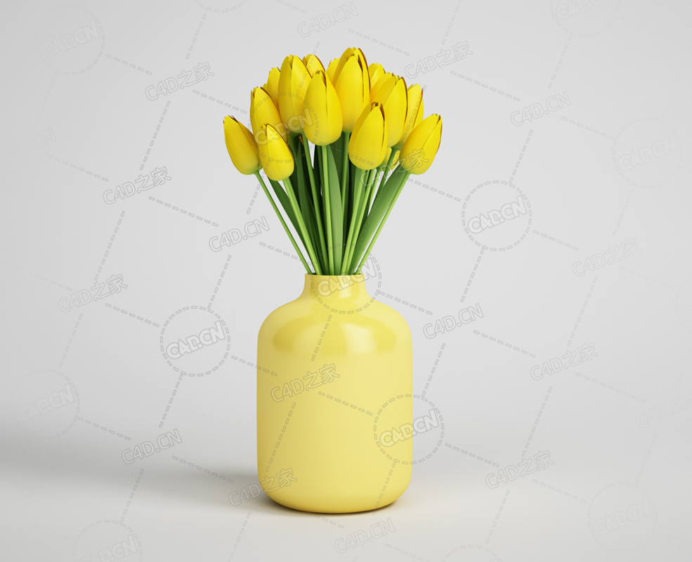 黄色郁金香插花陶瓷花瓶新鲜花卉模型下载 - C4D之家 - 12.png
