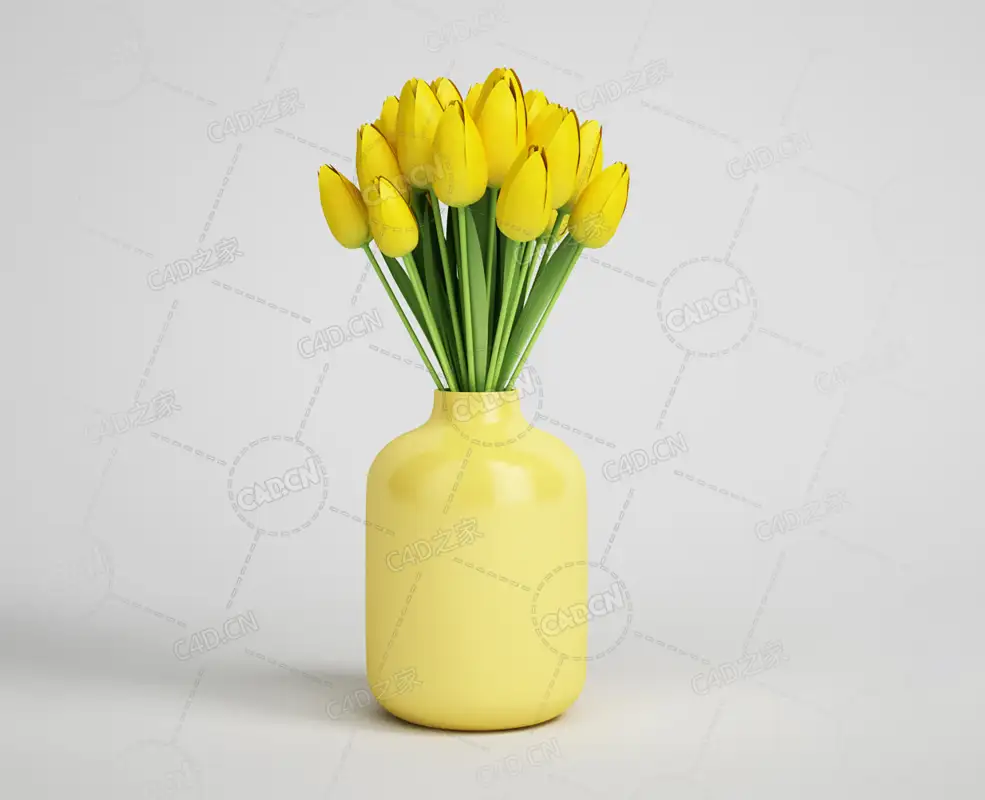 黄色郁金香插花陶瓷花瓶新鲜花卉模型下载 - C4D之家 - 12.png