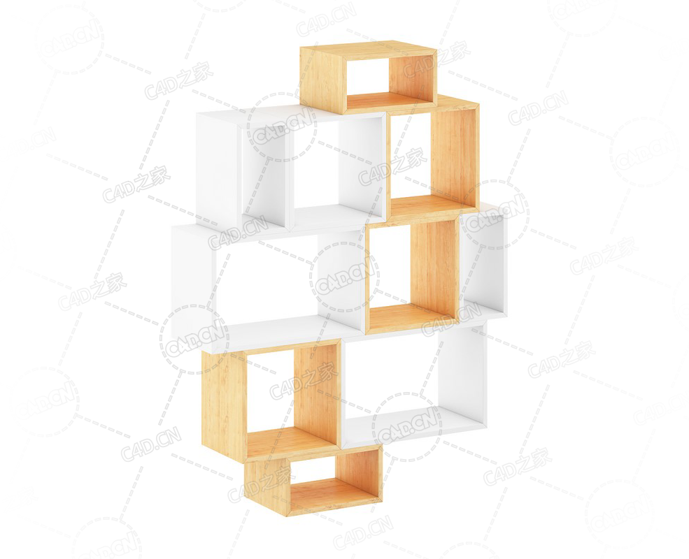 实木方格组合壁柜书柜装饰品架子C4D模型White and Wood Shelf - C4D之家 - 43.png