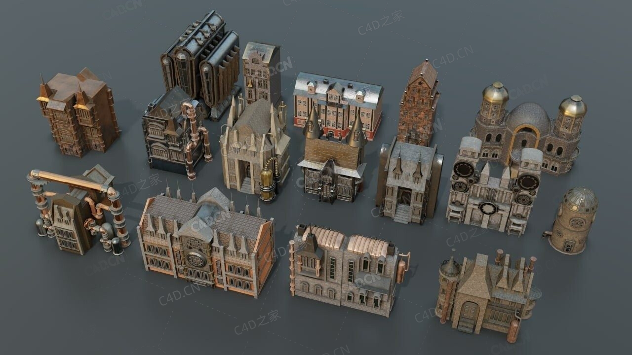 欧洲城堡赛博朋克风格楼房建筑模型 (FBX+Blender格式)ArtStation – Steampunk Kitbash + Textures For Concept And Game