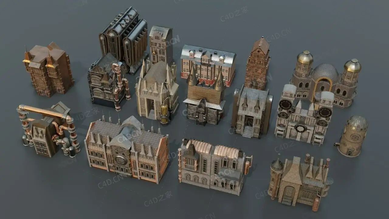 欧洲城堡赛博朋克风格楼房建筑模型 (FBX+Blender格式)ArtStation – Steampunk Kitbash + Textures For Concept And Game