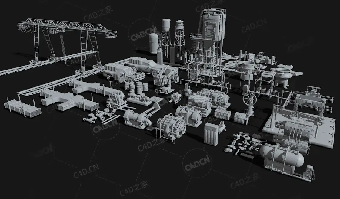 150个工业机械模型ArtStation – Industrial Kitbash – 150 Models with UVs工厂管道发电机工业设备容器零件龙门吊架子