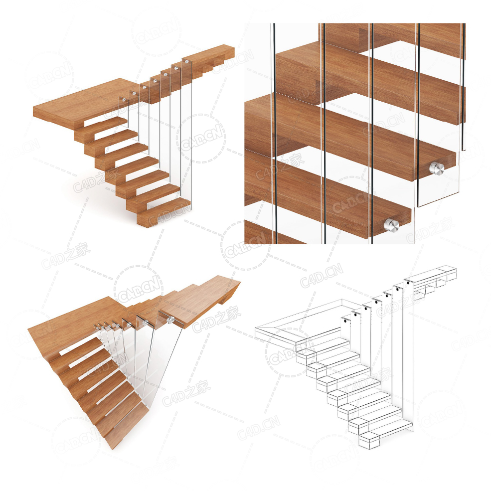 z字型楼梯别墅实木之字形楼梯复式公寓别墅玻璃实木楼梯C4D模型Stairs 3d model-4 - C4D之家 - 04.jpg