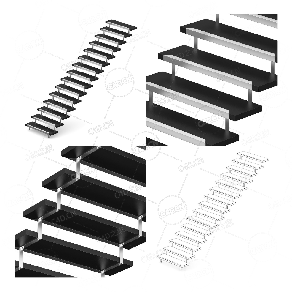 现代黑白时尚直梯复式公寓别墅悬空直式楼梯悬浮楼梯C4D模型Stairs 3d model-3 - C4D之家 - 03.jpg