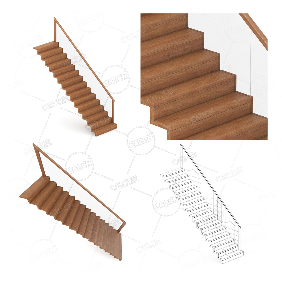 现代时尚复式公寓别墅实木直式楼梯单侧玻璃扶手直梯C4D模型Stairs 3d model-8 - C4D之家 - 08.jpg