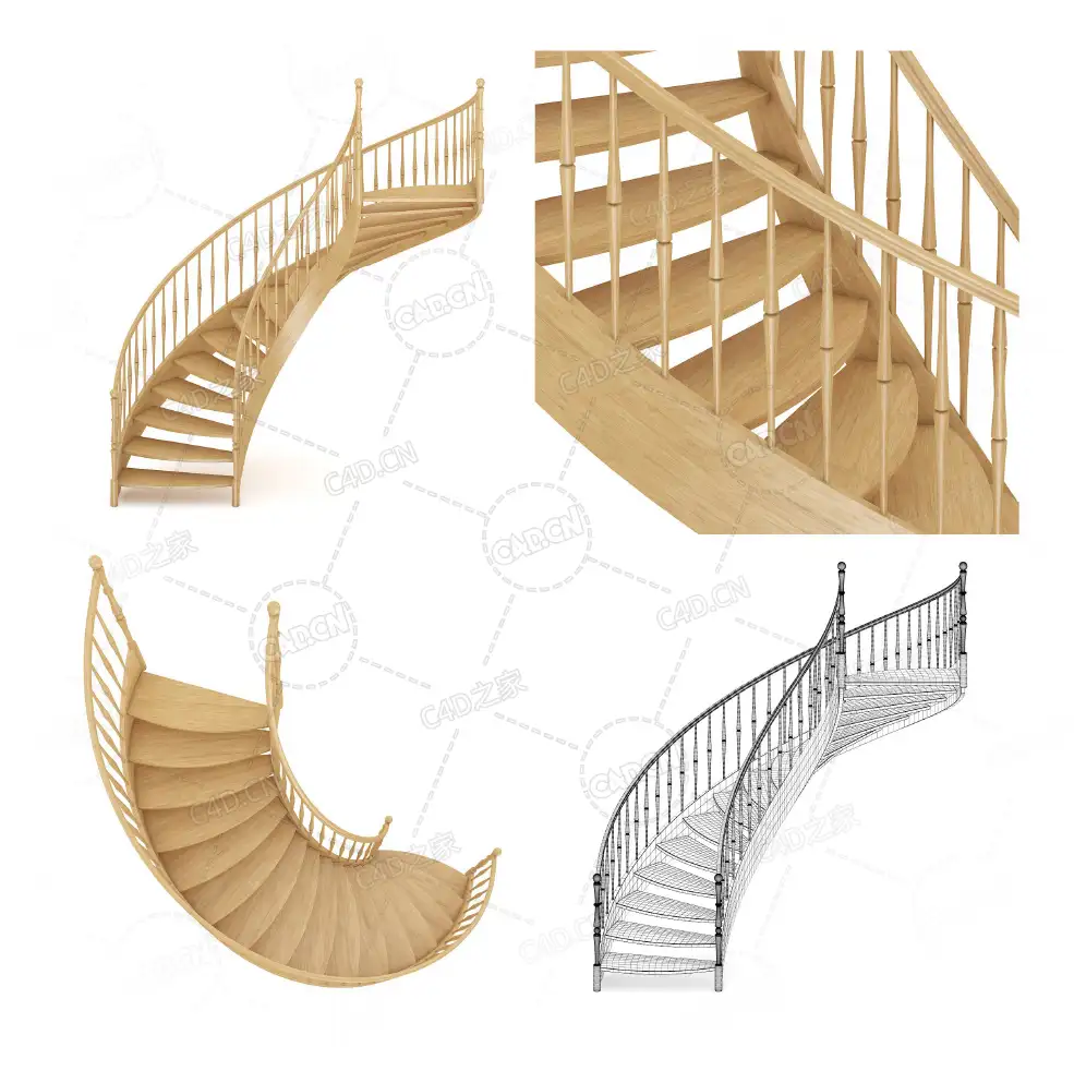 别墅旋转实木扶手楼梯复式公寓楼梯C4D模型Stairs 3d model-20