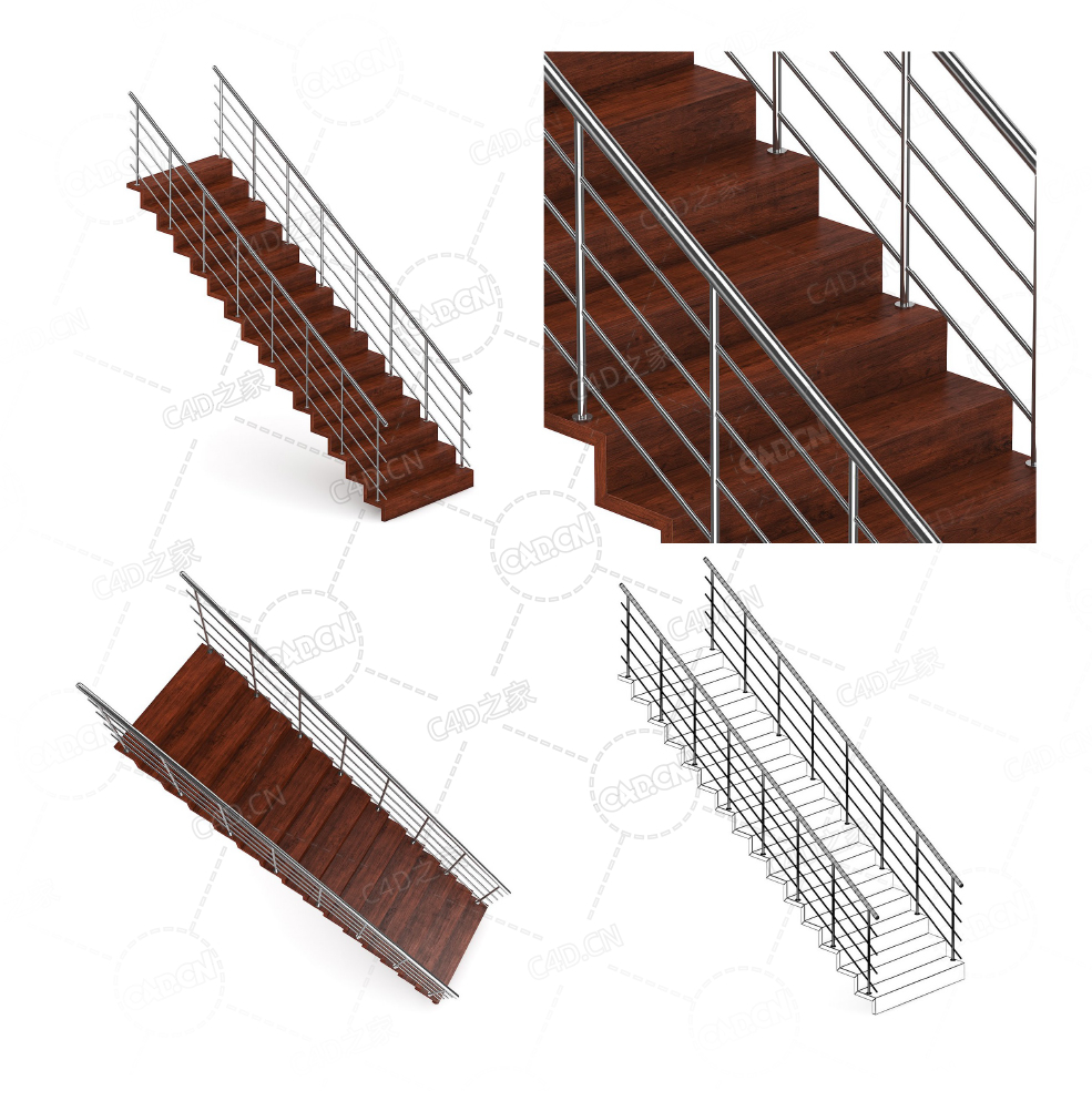实木直梯两侧不锈钢扶手楼梯复式公寓别墅直式楼梯C4D模型Stairs 3d model-22