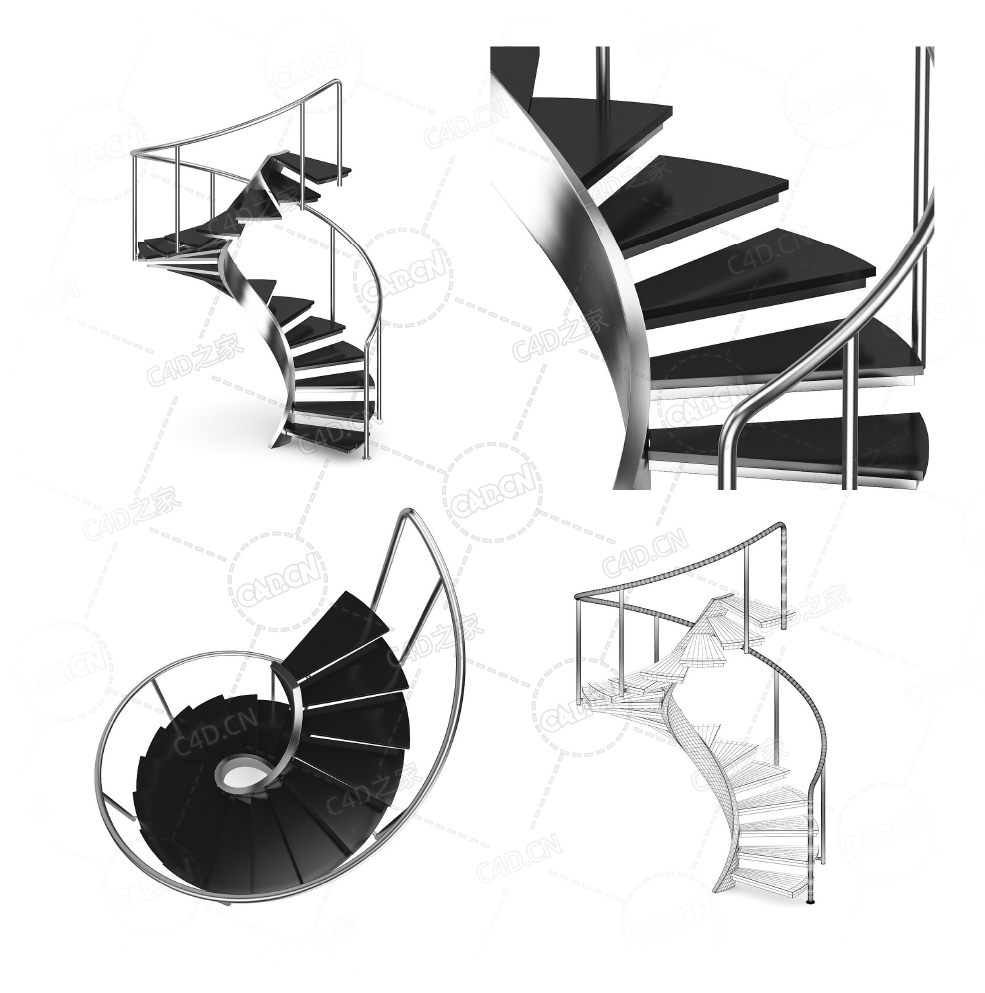不锈钢黑色时尚旋转楼梯复式公寓别墅楼梯C4D模型Stairs 3d model-23