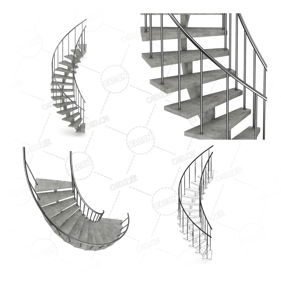 弧形旋转水泥不锈钢扶手梯复式公寓别墅楼梯现代时尚楼梯C4D模型Stairs 3d model-26
