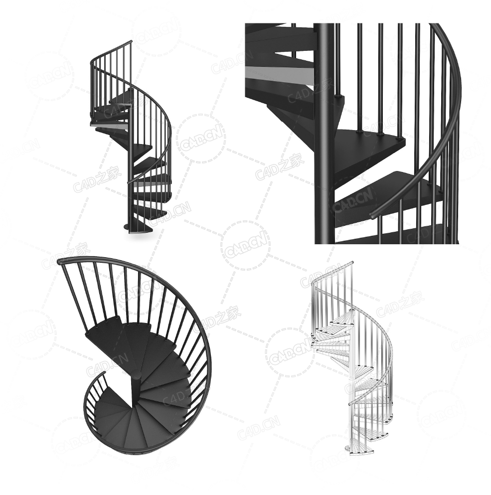 黑色单侧扶手旋转楼梯复式公寓别墅楼梯C4D模型Stairs 3d model-24