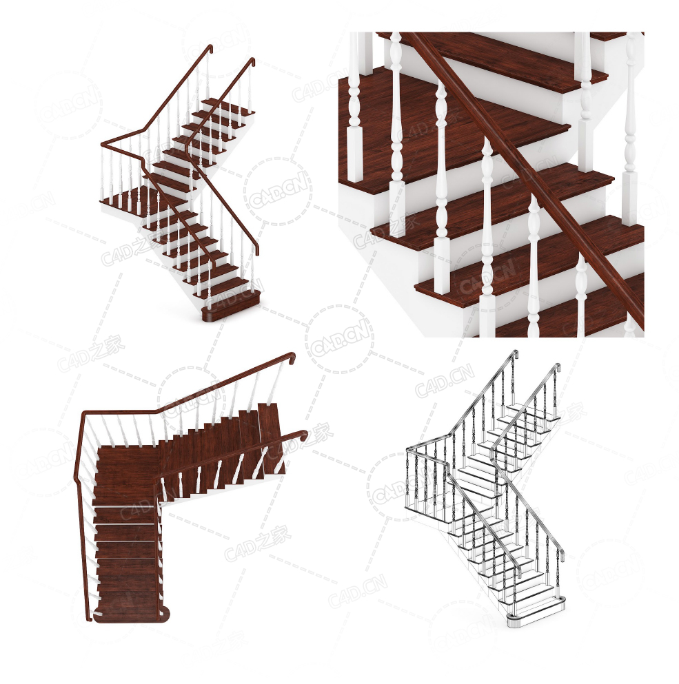 Z字形楼梯之字形楼梯实木扶手楼梯复式公寓别墅楼梯C4D模型Stairs 3d model-25