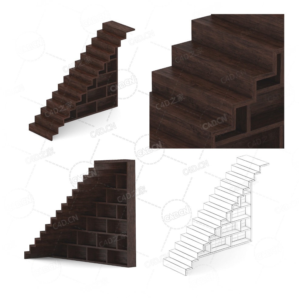 带书柜的直式楼梯实木楼梯复式公寓别墅楼梯C4D模型Stairs 3d model-29