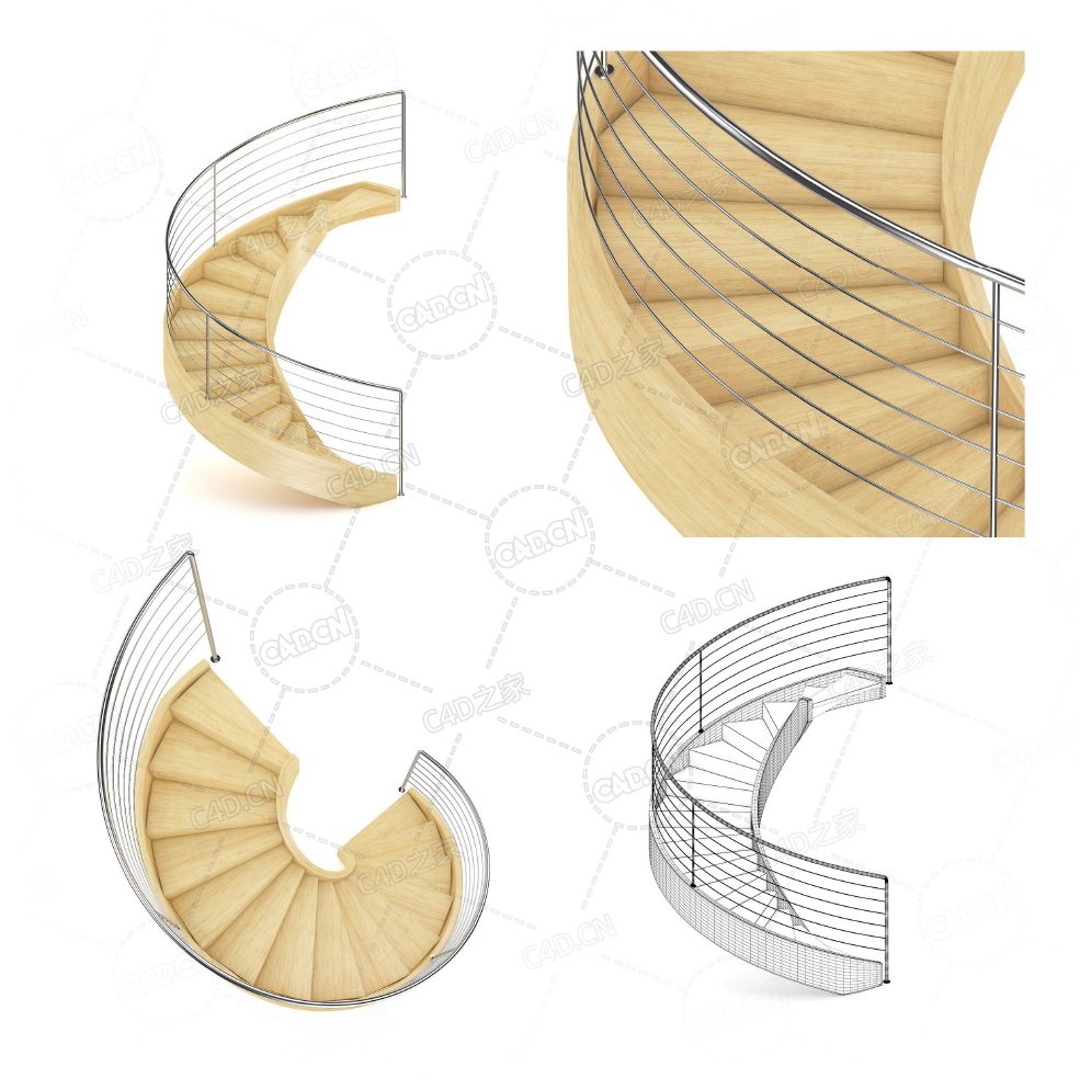 旋转弧形实木单侧扶手楼梯复式公寓别墅楼梯C4D模型Stairs 3d model-28