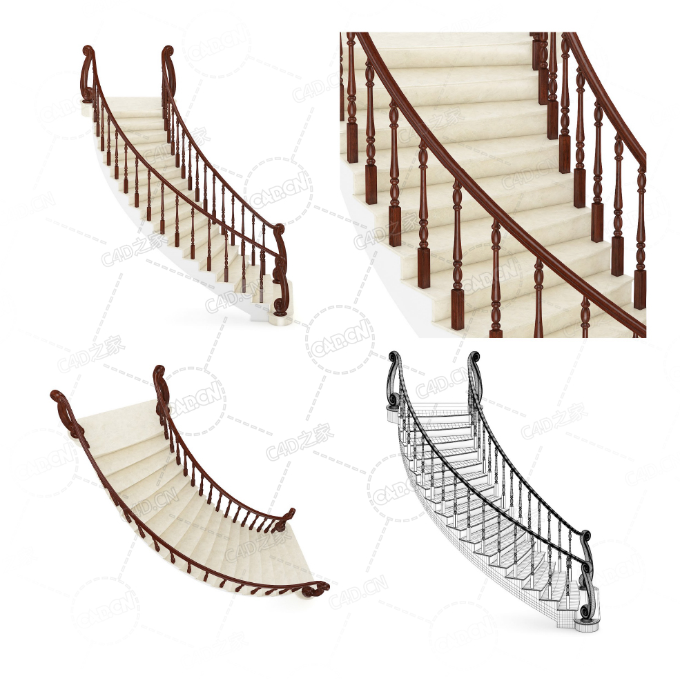 欧式风格实木扶手弧形楼梯复式公寓别墅楼梯大理石楼梯C4D模型Stairs 3d model-30