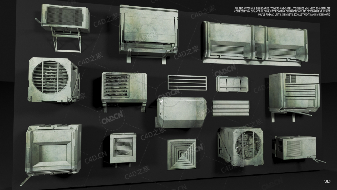 300多个楼顶屋房设备设施卫星锅信号塔通讯设施管道水塔风道通风口3D模型 ArtStation – 100 Roof Top and Exterior Modular Kitbash - C4D之家 - 5.jpg
