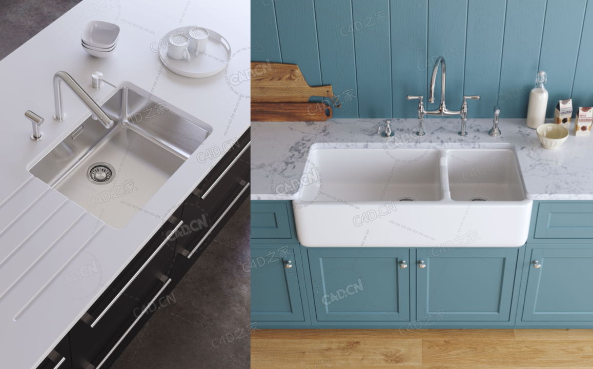20个分类230+个厨房用品橱柜门把手旋钮把头拉手玻璃柜水槽水龙头C4D模型合集