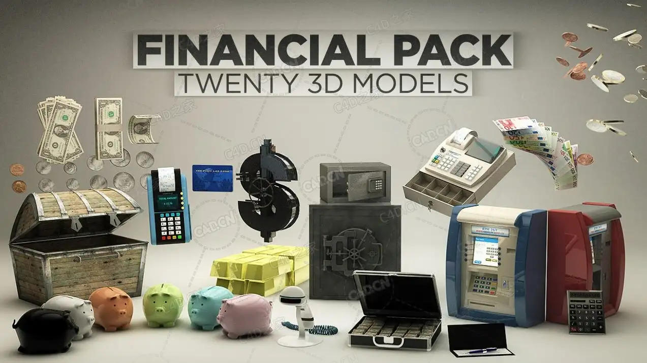 16个C4D金融钱币预设模型包 The Pixel Lab – Financial Pack