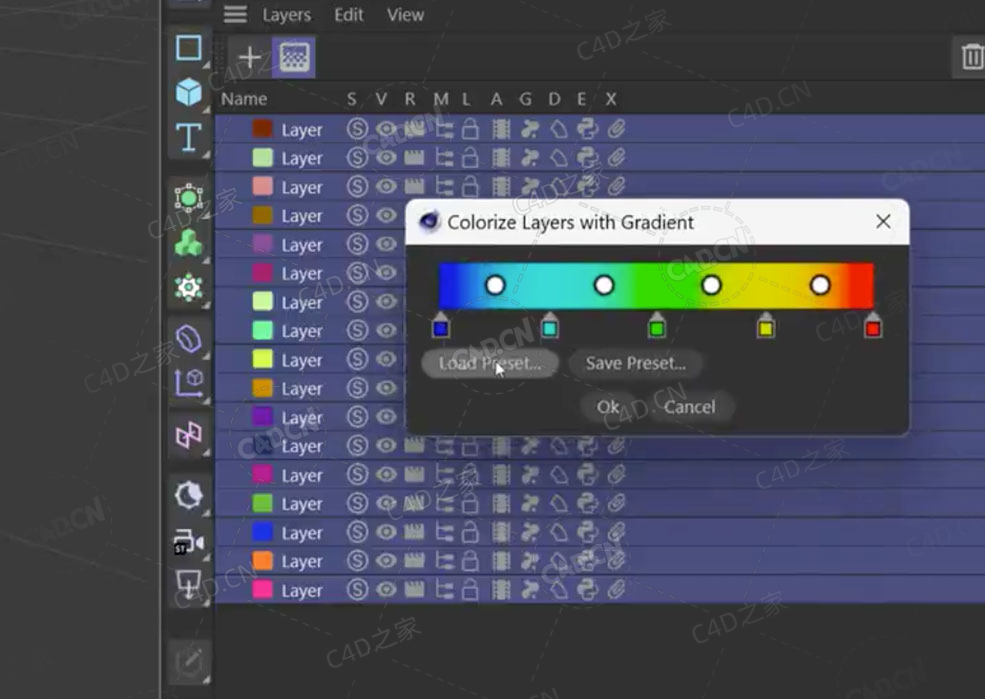 C4D图层颜色渐变着色层标签管理脚本AR_ColorizeLayersWithGradient - Colorize layers with a gradient