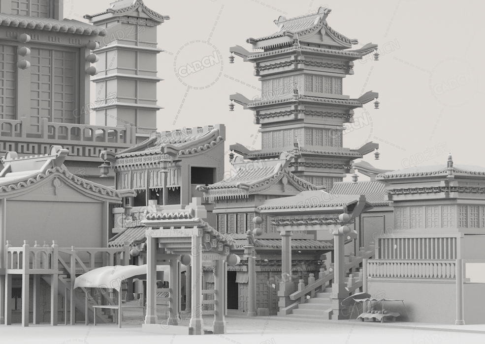 中式古典建筑牌楼门楼客栈酒楼C4D白模