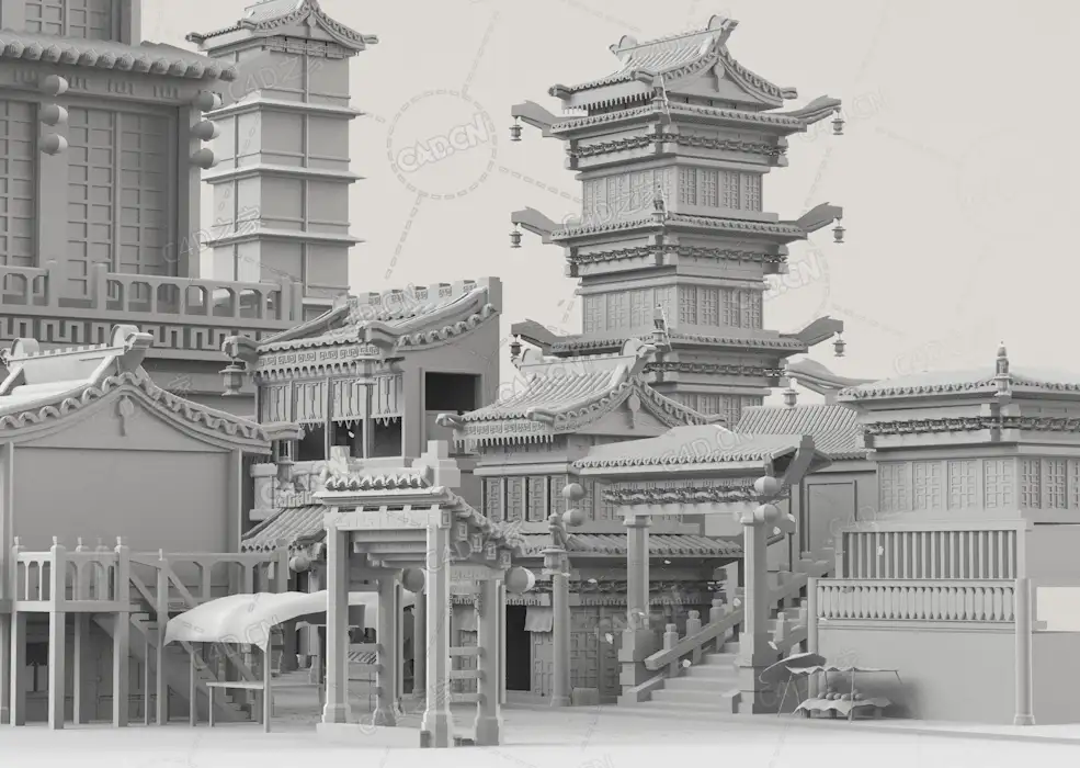 中式古典建筑牌楼门楼客栈酒楼C4D白模