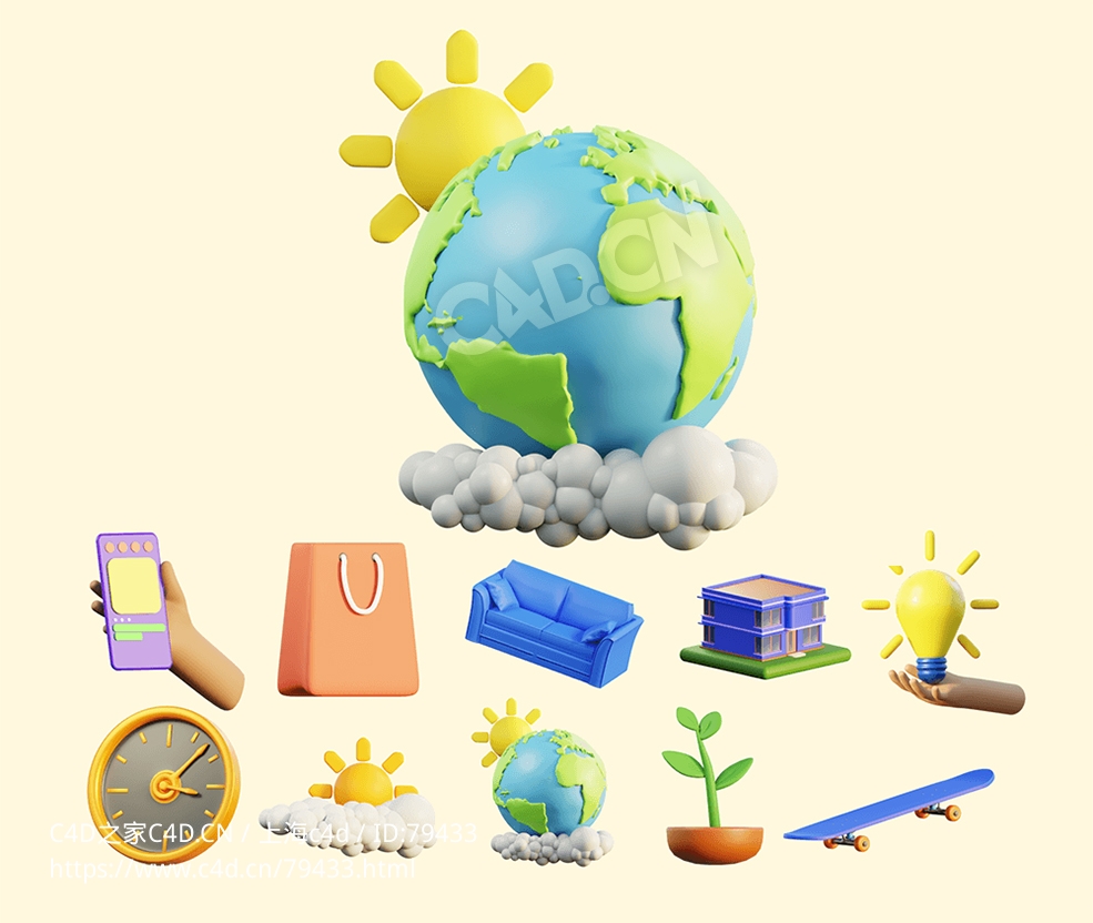 10个生活场景三维卡通图标模型合集3D Icons