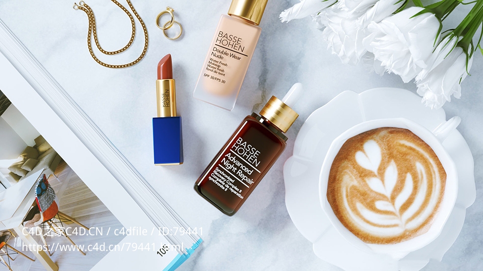 女性用品口红粉底液戒指化妆品场景C4D模型