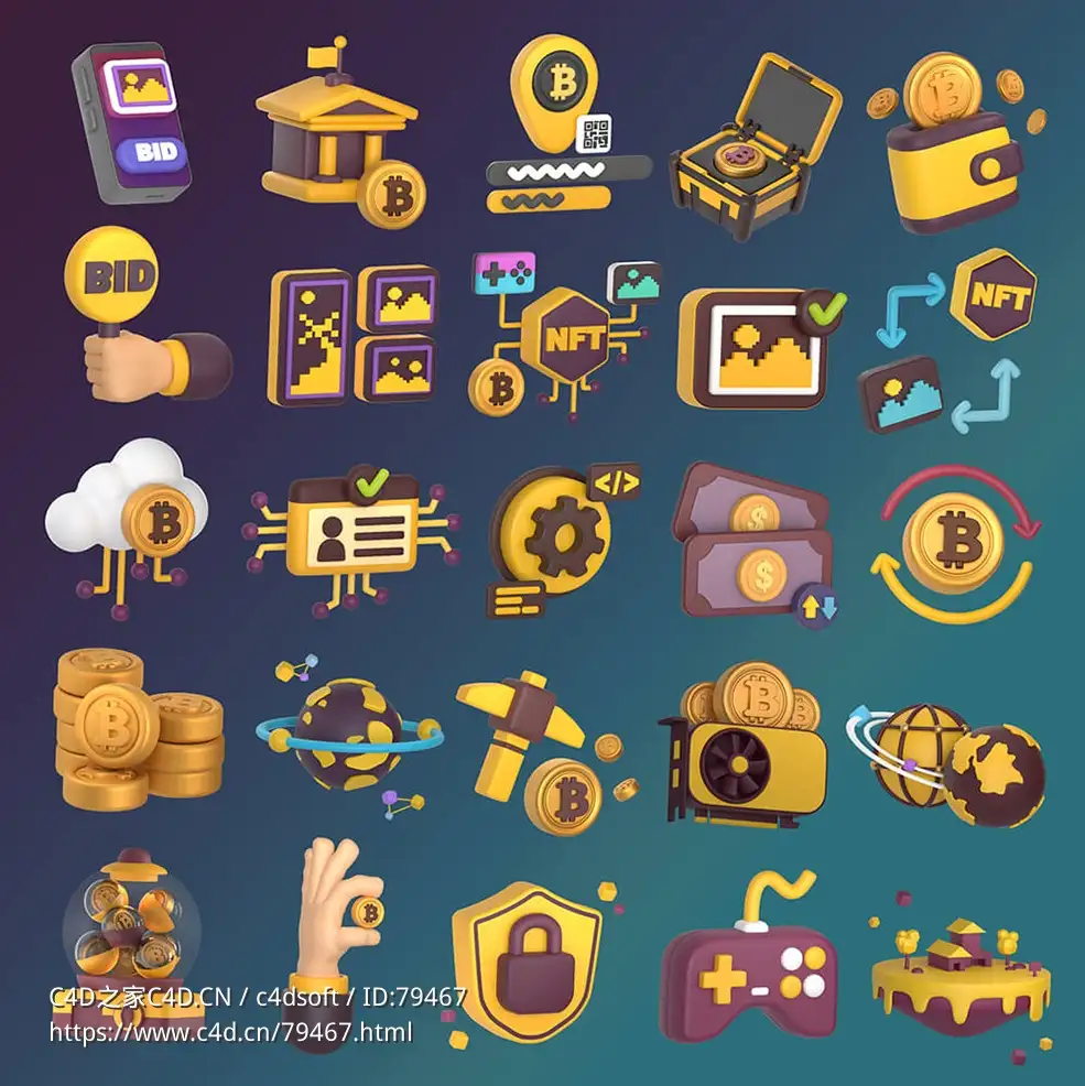 50个元宇宙数字货币比特币3D卡通图标模型Metaverse 3D Icon Set Pack