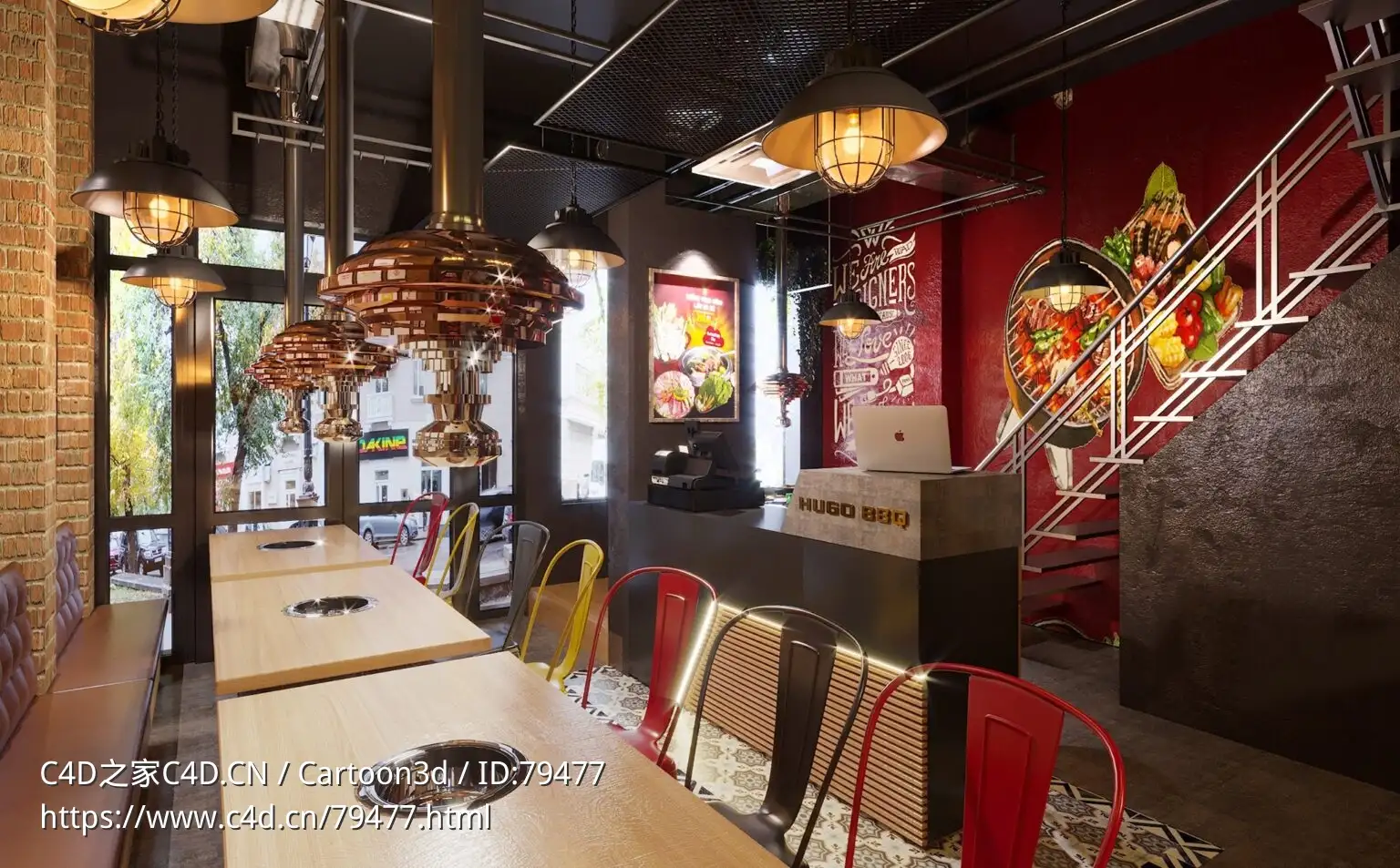 餐厅烧烤店C4D VRAY室内渲染模型