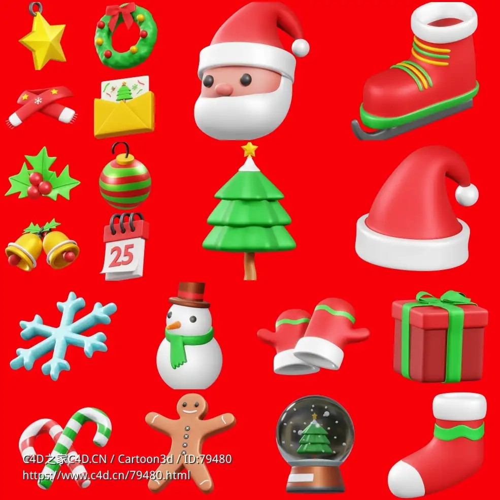 20个圣诞节元素3D卡通图标模型合集Christmas 3D Icons - C4D之家 - 2.jpg