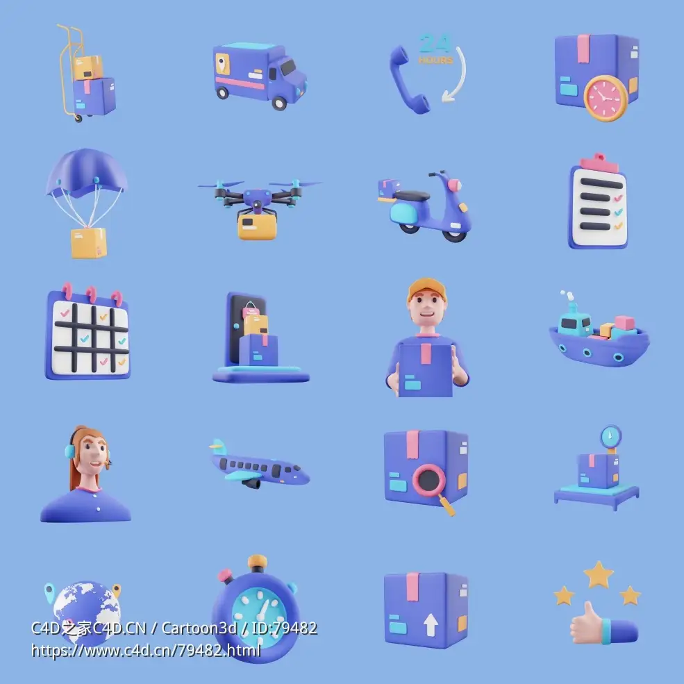 电子商务网上购物快递物流C4D卡通图标模型Deliverly - Online Shopping Delivery 3D Icon Set