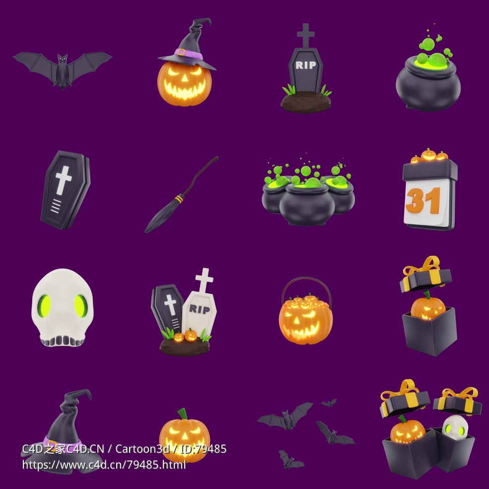20个万圣节卡通3D图标模型合集3D Halloween Icon Set Pack