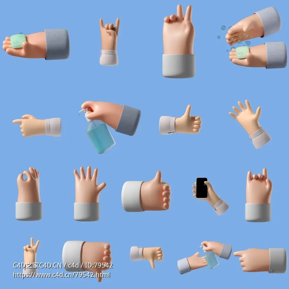 19个新冠病毒消杀手势3D卡通小手模型合集 - C4D之家 - 2.jpg