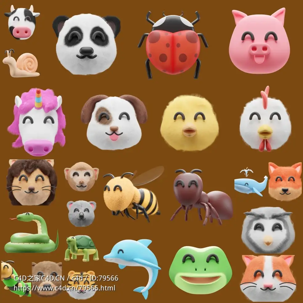 26个卡通动物头像3D图标模型Anicons 3D Icons pack - C4D之家 - 2.jpg