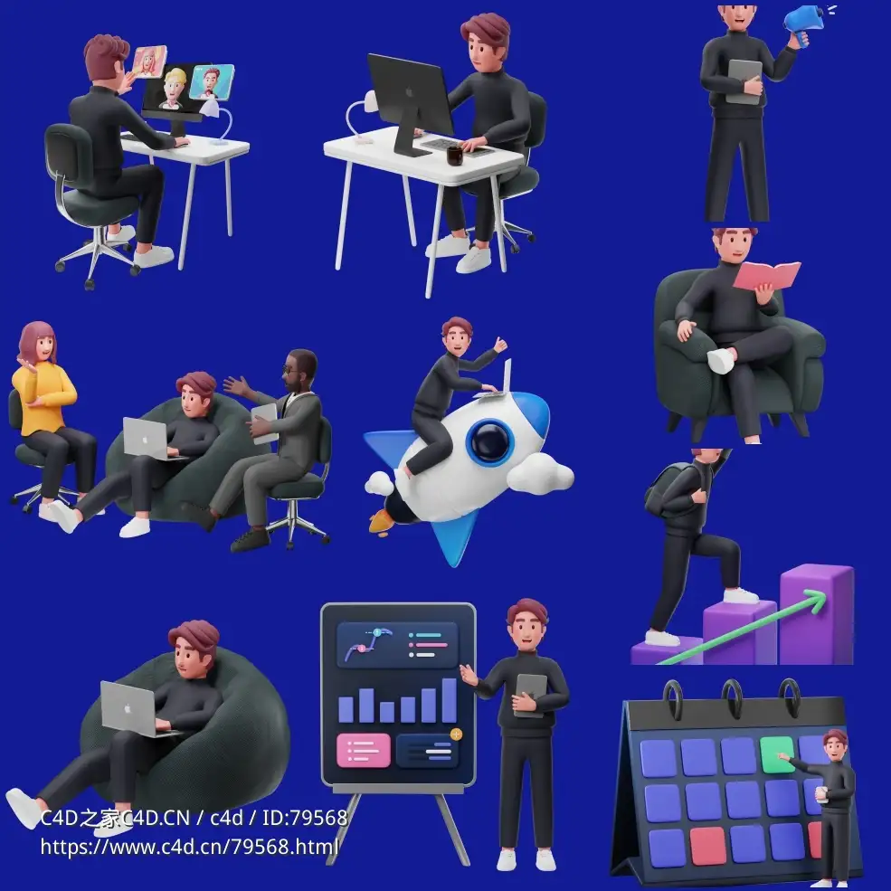 10个办公室卡通人物3D角色模型Workly - Startup _ Work Environment 3D Character