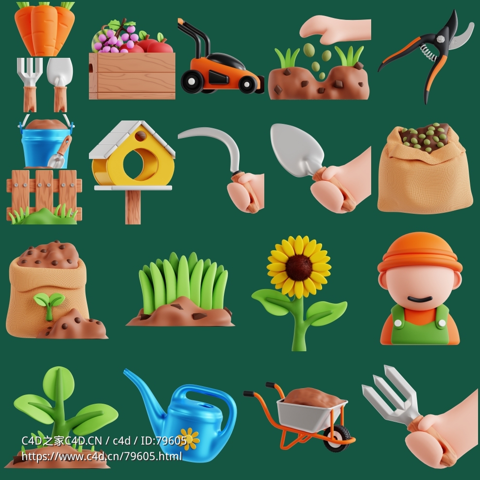 20个园林绿化种植C4D卡通图标模型Gardening 3D icon set