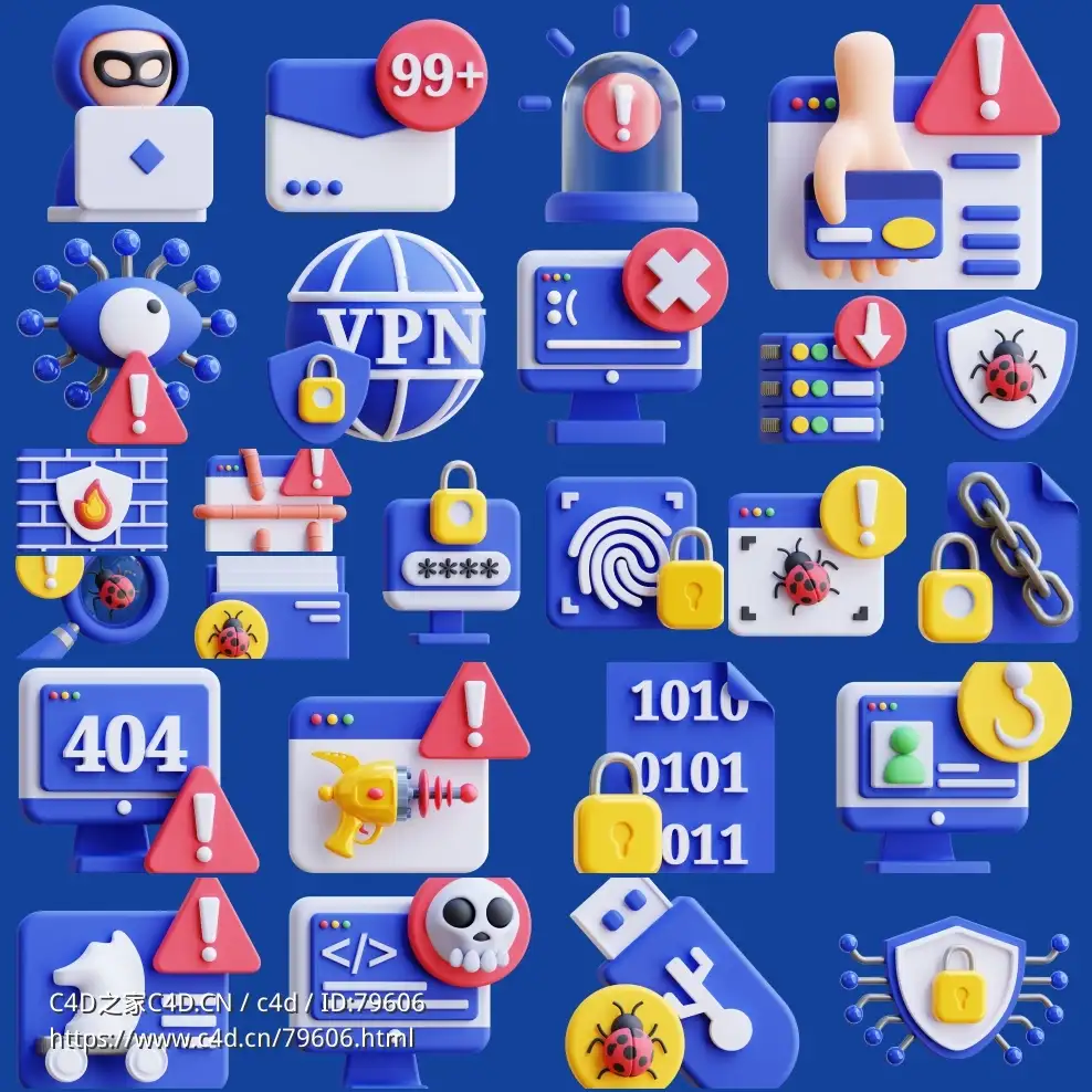 25个电脑病毒网络安全黑客攻击3D卡通图标模型素材Cyber Crimes 3D icon set
