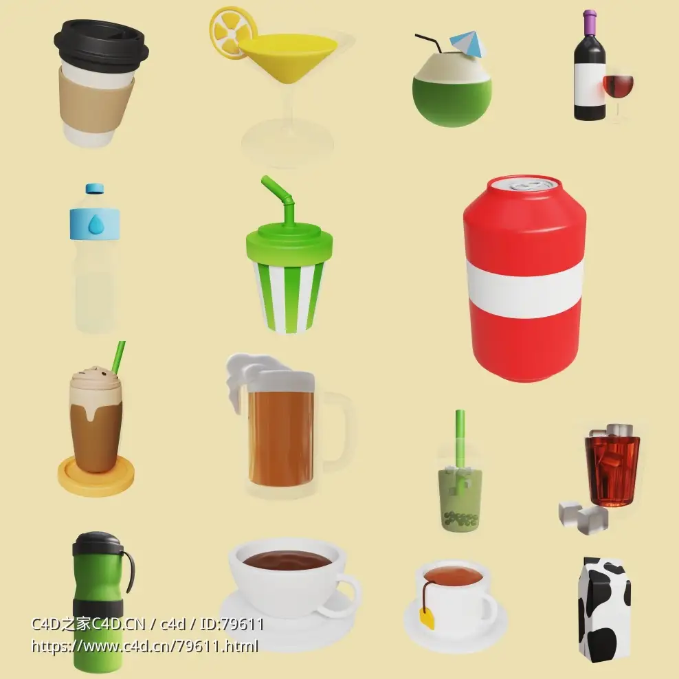 15个饮品饮料3D卡通图标模型素材3D Drink - C4D之家 - 2.jpg