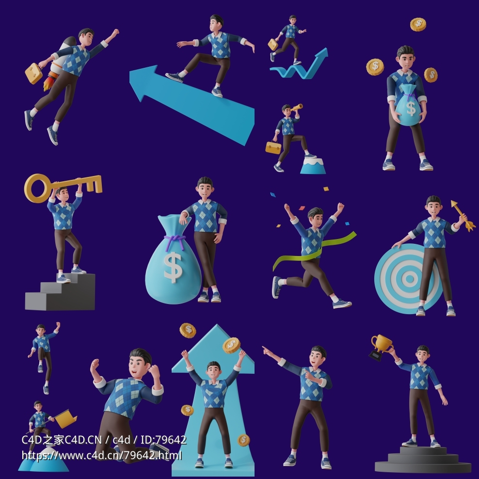 16个理财人物3D卡通模型素材 - C4D之家 - 2.jpg
