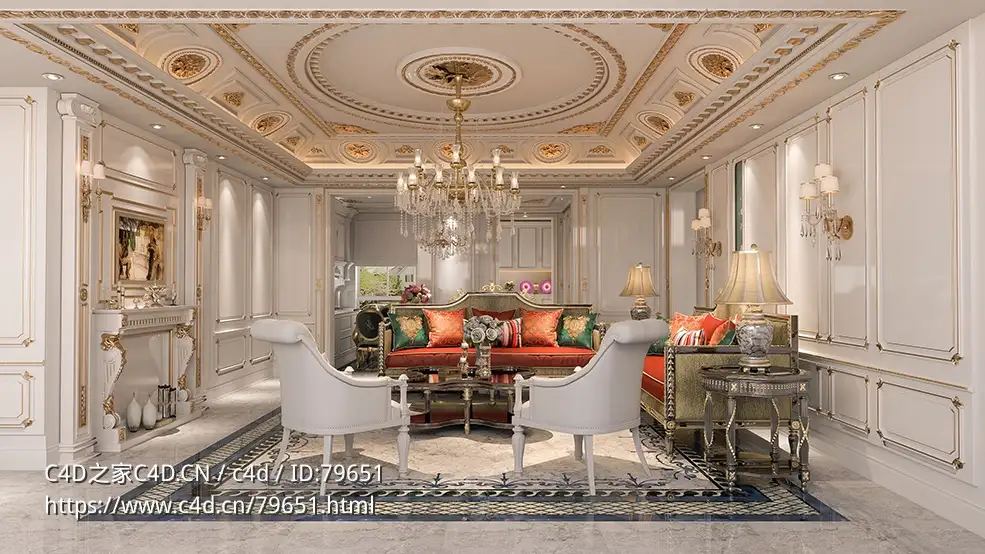 欧式风格客厅室内C4D VRAY渲染模型Living Room Vray 6 for Cinema 4D 2023 - C4D之家 - 1.jpg