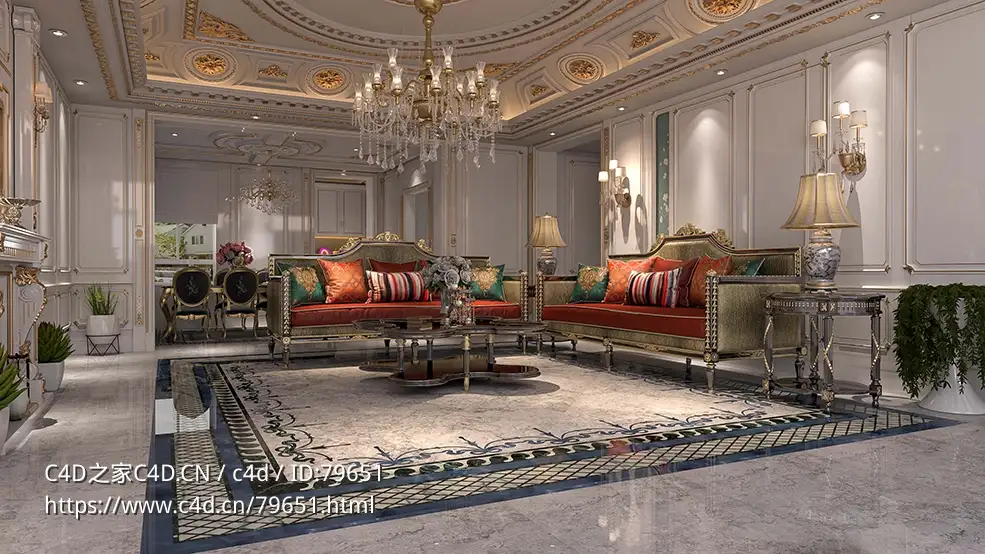 欧式风格客厅室内C4D VRAY渲染模型Living Room Vray 6 for Cinema 4D 2023 - C4D之家 - 04.jpg
