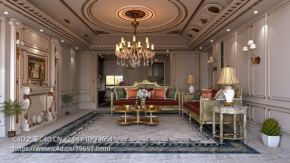 欧式风格客厅室内C4D VRAY渲染模型Living Room Vray 6 for Cinema 4D 2023 - C4D之家 - 02.jpg