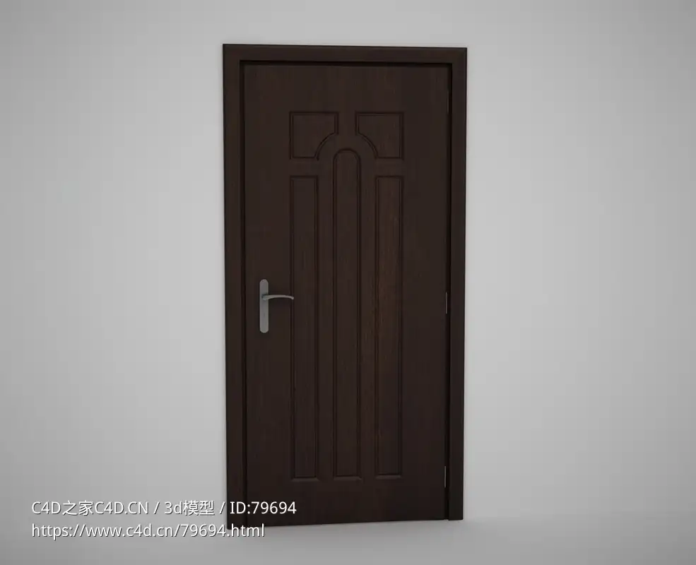 深棕色压线单开门全封闭木门C4D模型下载 Door model