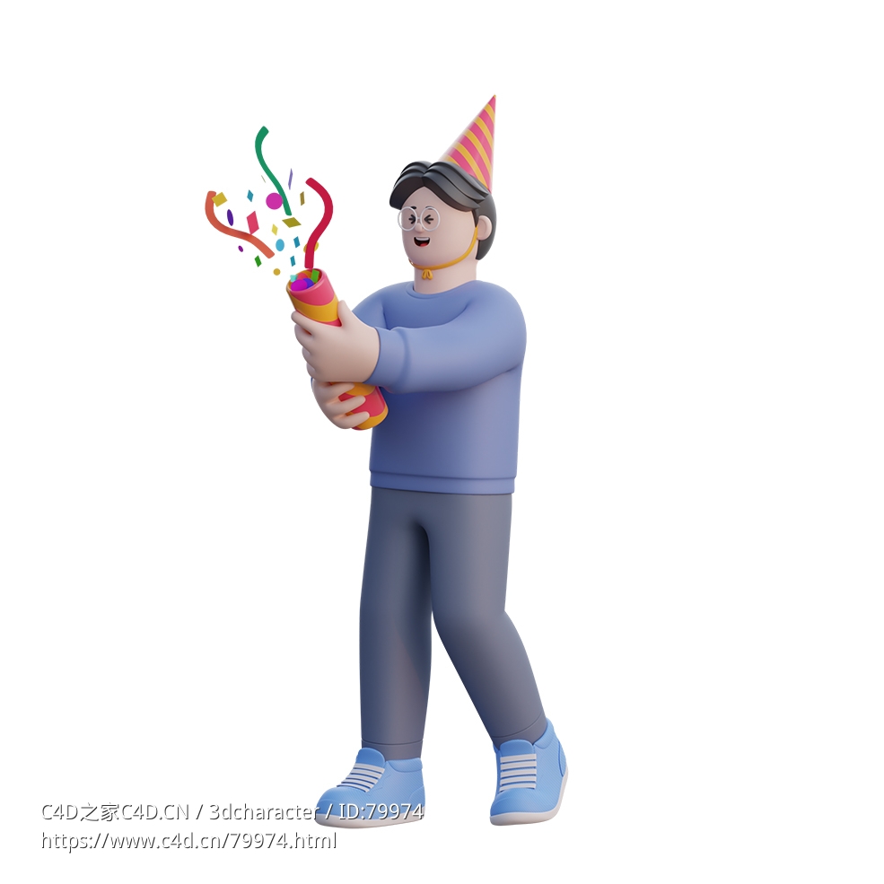 头戴彩筒手拿五彩礼花的卡通男性